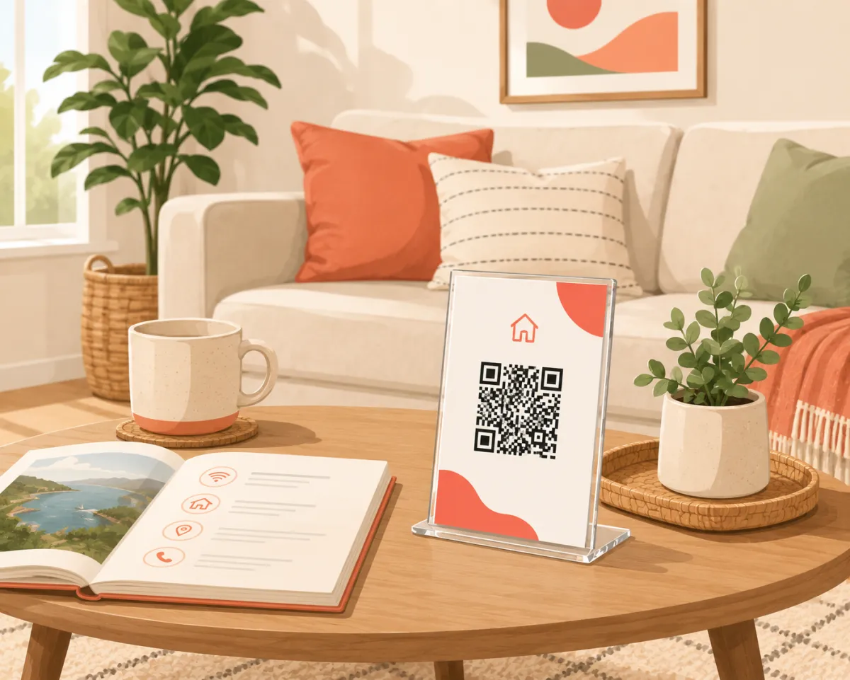 A WelcomeWay QR stand on a coffee table beside an open guidebook and a coffee mug
