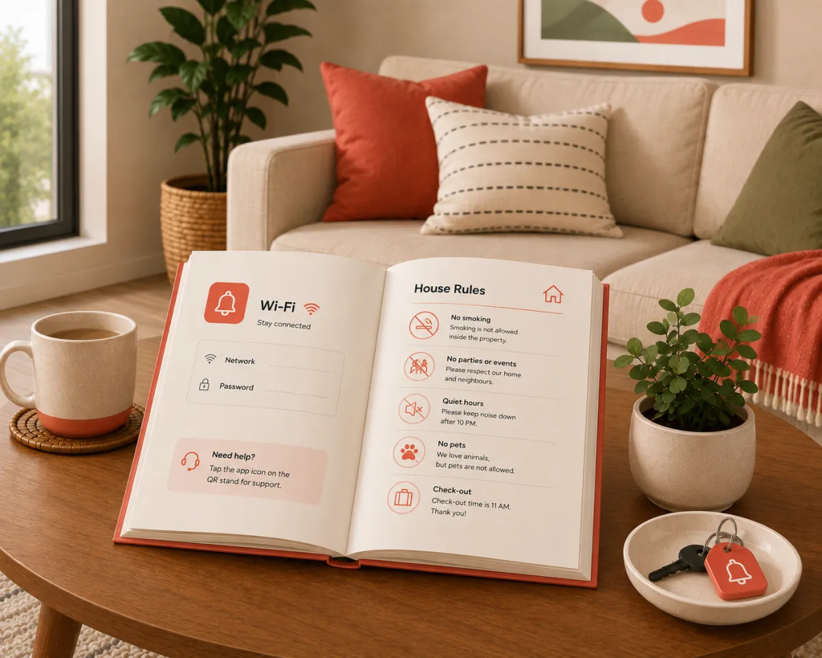 An open WelcomeWay welcome book showing Wi-Fi details and house rules on a coffee table